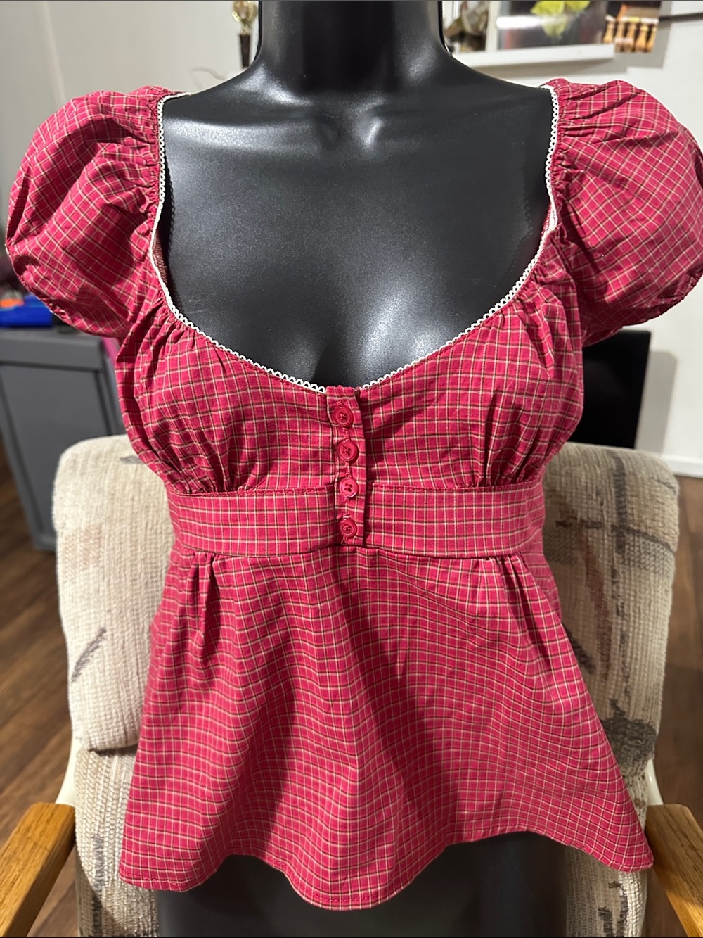 Red Plaid Puff-Sleeve Peplum Blouse with Sweetheart Neckline